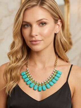Bijou  gold chain Turquoise necklace with rhinestones